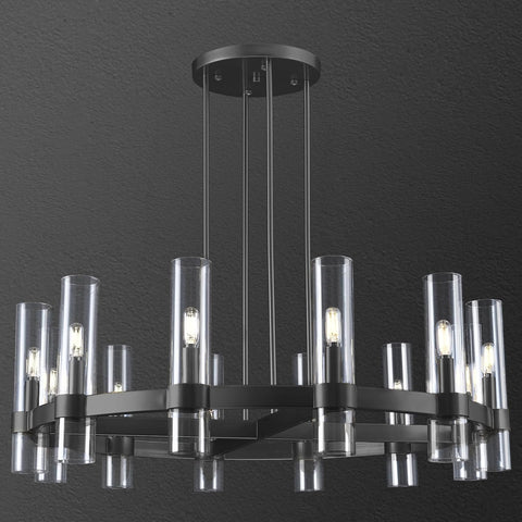 12 Light Black Round Chandelier 36'' Wagon Wheel Chandeliers for Dining Room Light Fixture Clear Glass Tube Chandelier Modern Farmhouse Chandeliers for Living Room Bedroom, Bulb Included A115-B0CF1YY1YS