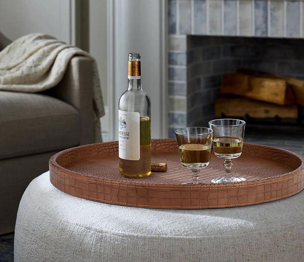 Round Serving Tray 20'', Elegant Faux Leather Circle Ottoman Table Tray, Serve Tea Coffee Breakfast Living Room