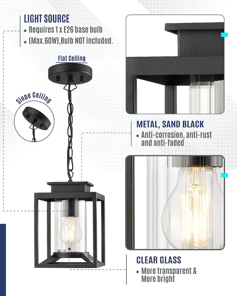 Outdoor Pendant Light for Porch, 1-Light Black Hanging Porch Light Modern Exterior Hanging Lantern with Cylinder
