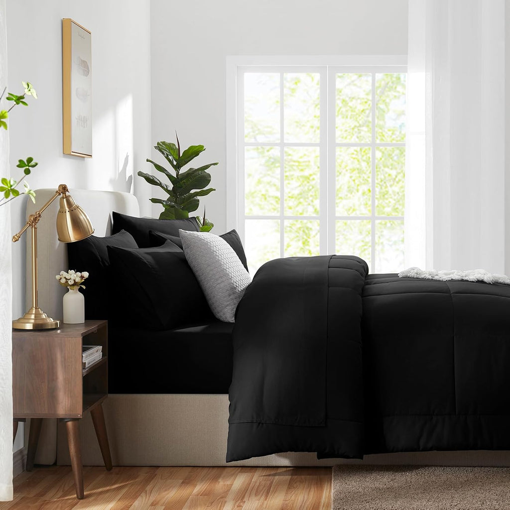 Comforter Set Black, 7 Pieces Bed in a Bag, Black Comforter