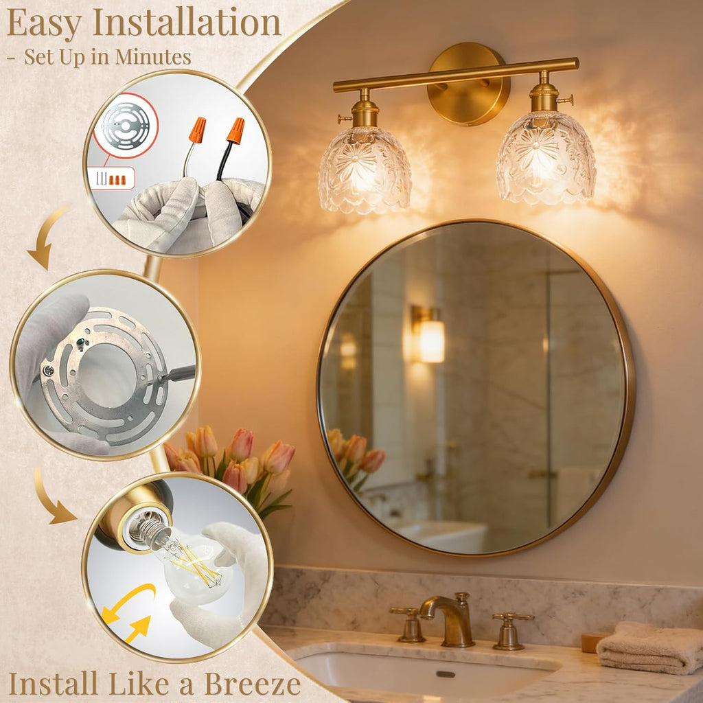 2-Light Bathroom Vanity Light Over Mirror, Brushed Gold Wall Sconce with Clear Floral Glass Shades, Modern Bathroom