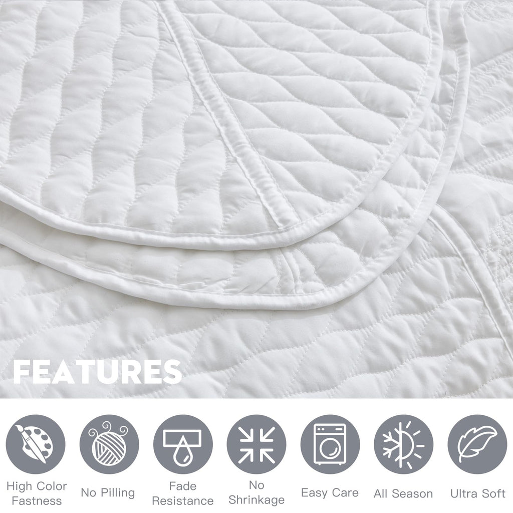 Bedspread oversized Queen 102x118, Beautiful Leaf Stitching, 5 PC, White