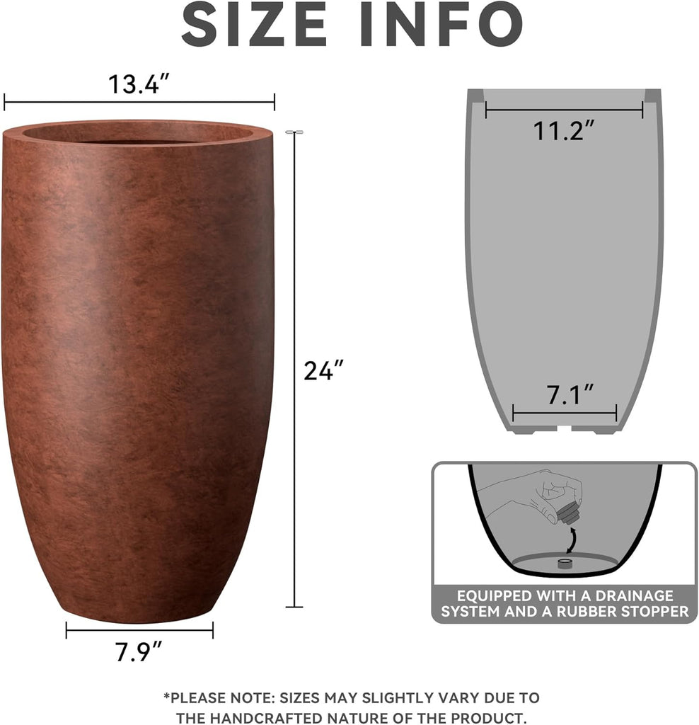 Large Round Tapered Rusty Concrete Planter 24" Tall, Outdoor | Rubber Plug for Indoor, Drainage for Garden