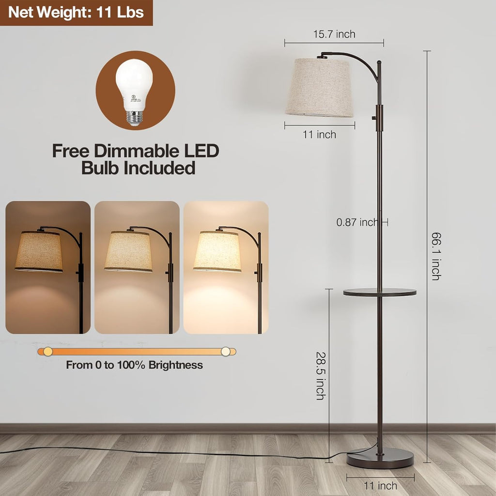 Dimmable Floor Lamp，Standing Lamp Rotary Switch with Table&Linen Beige Shade，Brown Tall Lamps with Adjust Head，9W LED