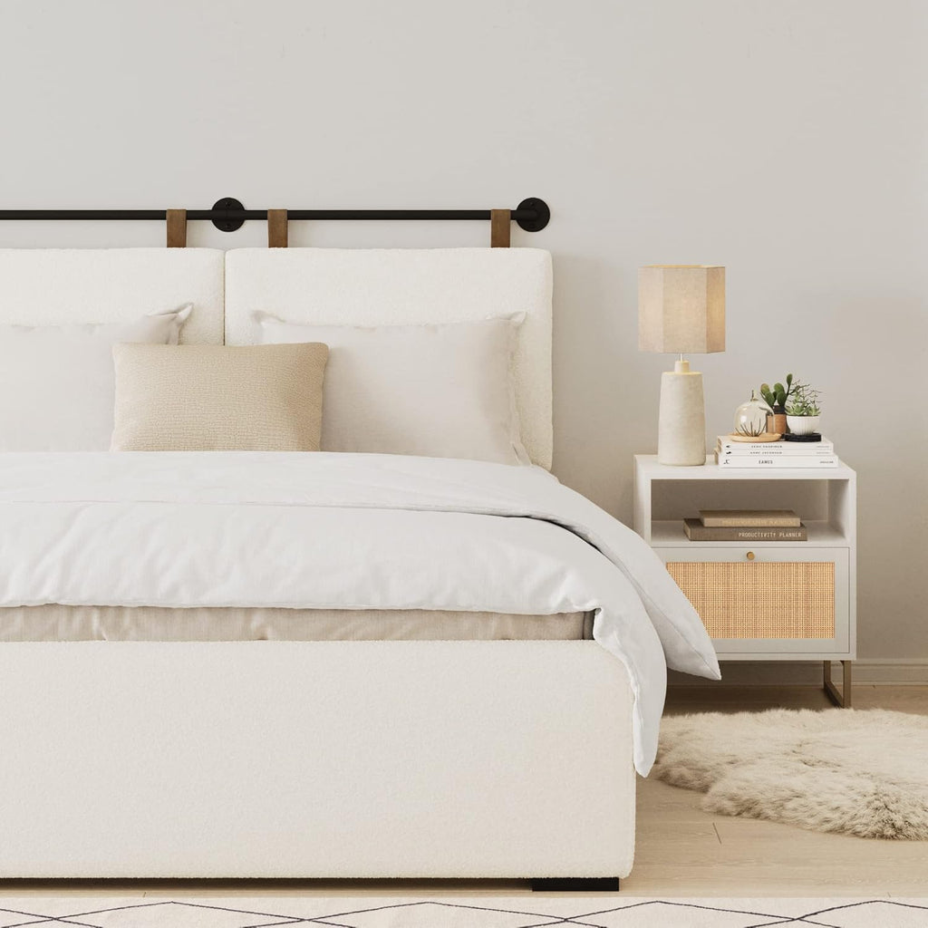 Wall Mount Hanging Upholstered Headboard, Queen, White Boucle with Brown Faux Leather Straps