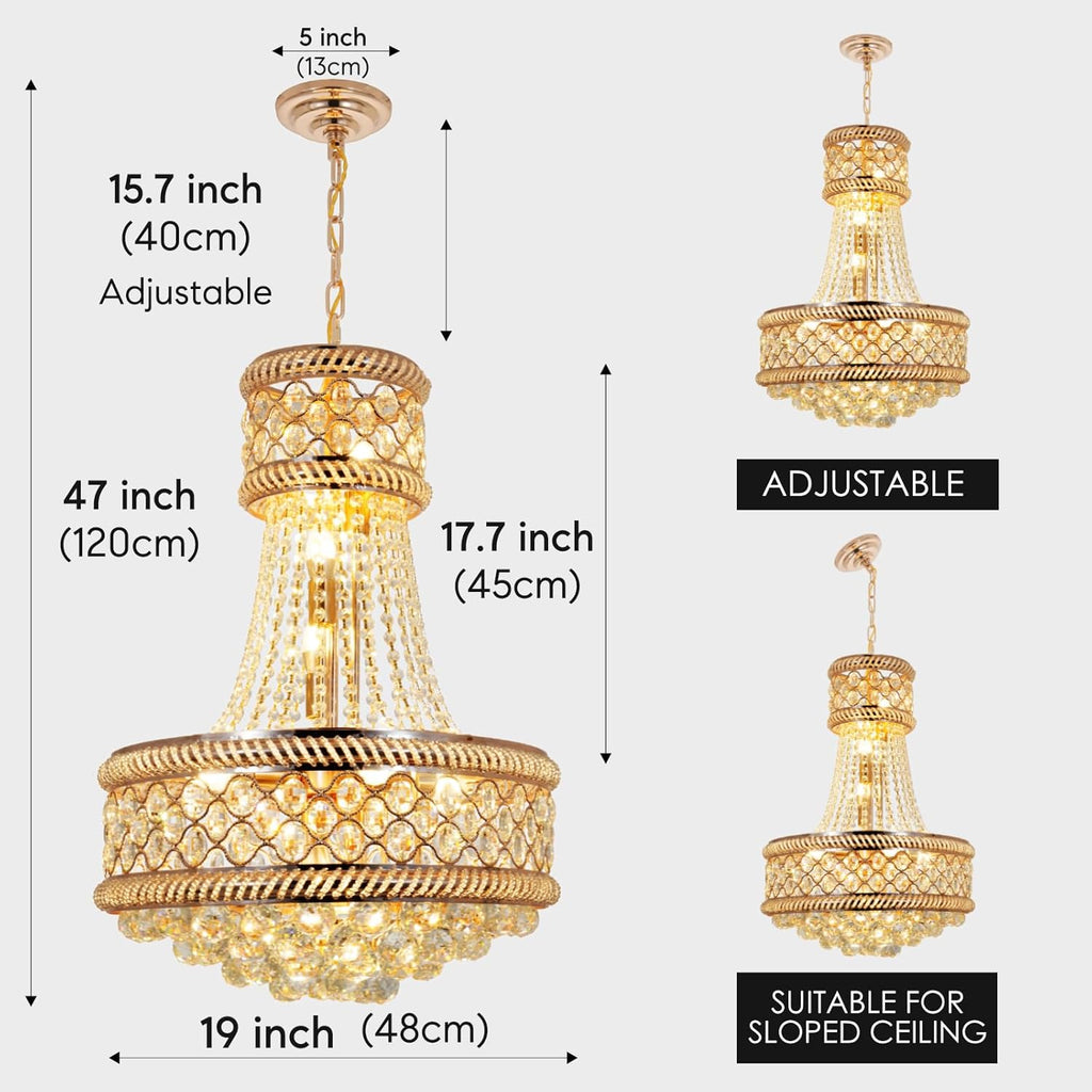 9 Light Luxury Crystal Chandeliers, D19 Inch Empire Gold Chandelier Hanging Light with Raindrop K9 Crystal for Living Room, Dining Room, Foyer, Entryway, Staircase