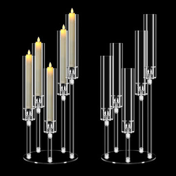 2 Set 5 Arm Acrylic Candle Holder, Mjkeomo 22'' Tall Candelabra Centerpieces for Tables, Candlesticks Holder with Lampshade for Housewarming Gift Fireplace Dinner Decor Fit 0.82'' LED Candle