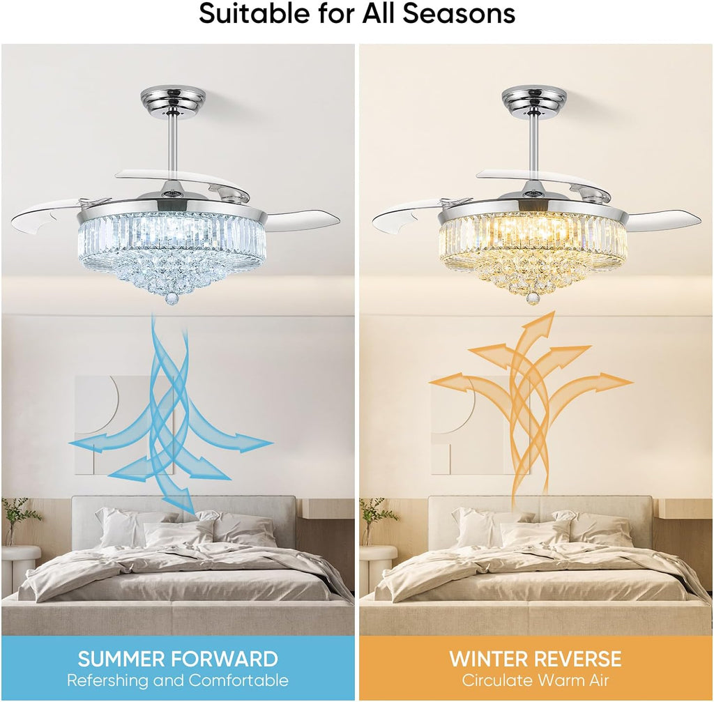 52 Inch Fandelier Ceiling Fan with Light, Retractable Chandelier Fan LED Dimmable Crystal Ceiling Fan Living Room