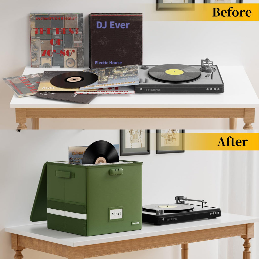 Vinyl Record Storage Box with Lock, Fireproof&Water Resistant Record Organizer for 100+ Single Records(12-inch)