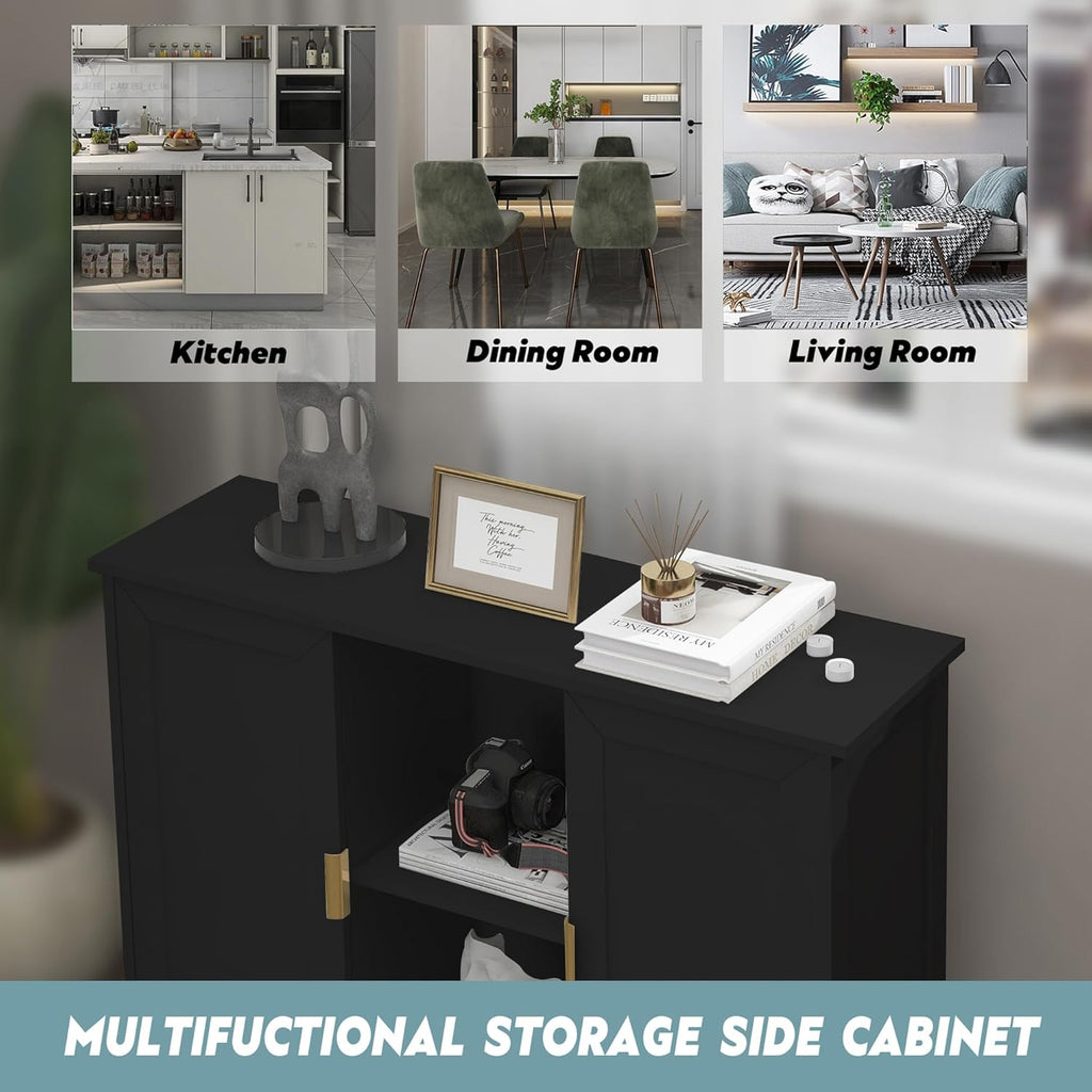 Black Buffet Cabinet,Modern Narrow Sideboard Buffet Cabinet Wooden Side Table with Storage,Black Accent Cabinets