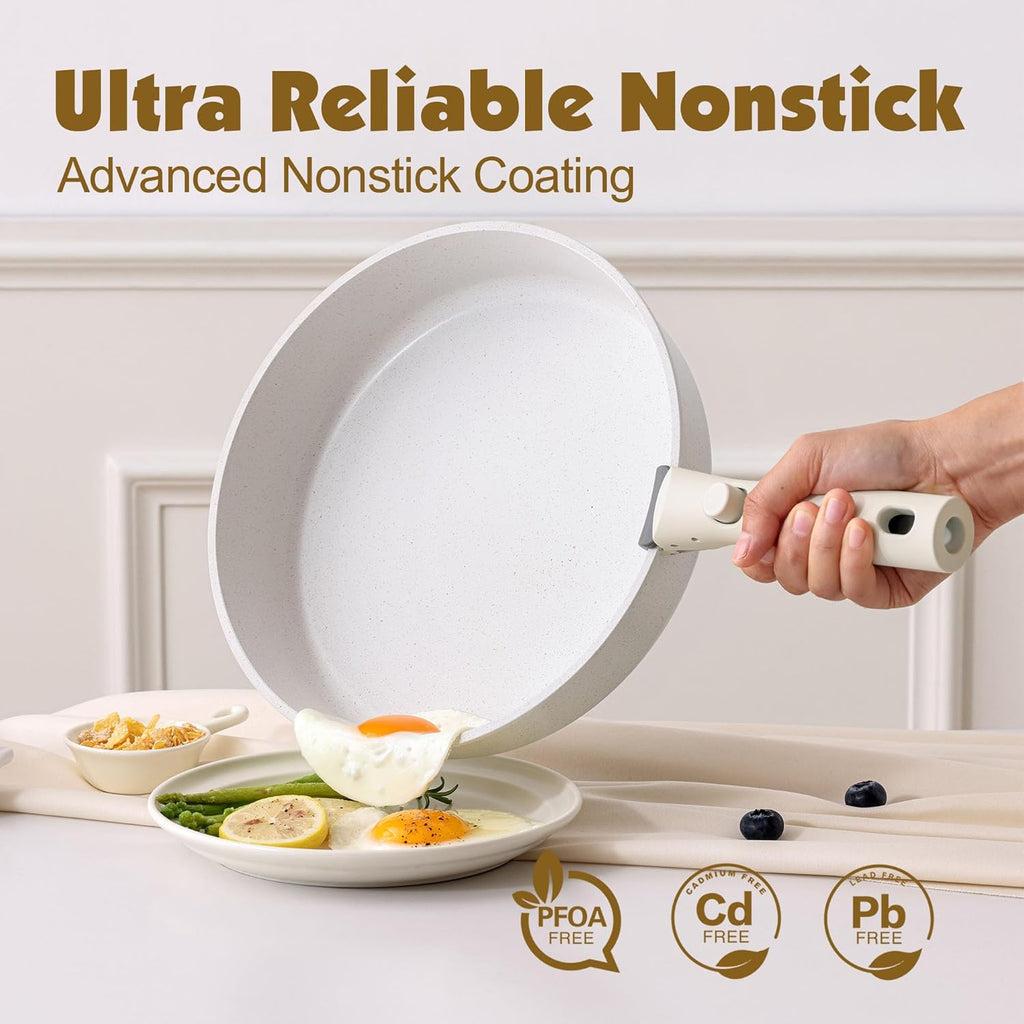 17 Piece Nonstick Detachable Handle Pots and Pans Set White | Removable Handle Cookware Set, Induction Cookware Set