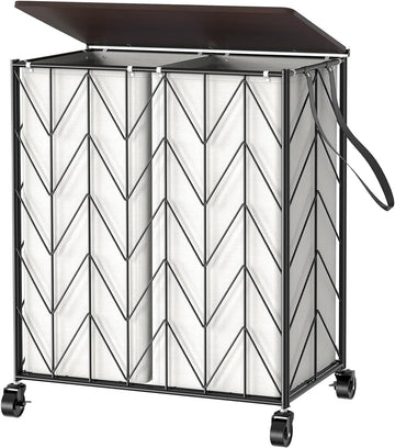 Double Laundry Hamper with Lid, Rolling Laundry Basket with Wheels | Heavy Duty Wire Clothes Hamper with Divided