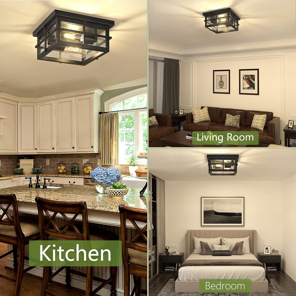 Modern Outdoor Ceiling Light Fixtures, 2-Light Black Flush Mount Light Fixtures with Clear Glass Shade