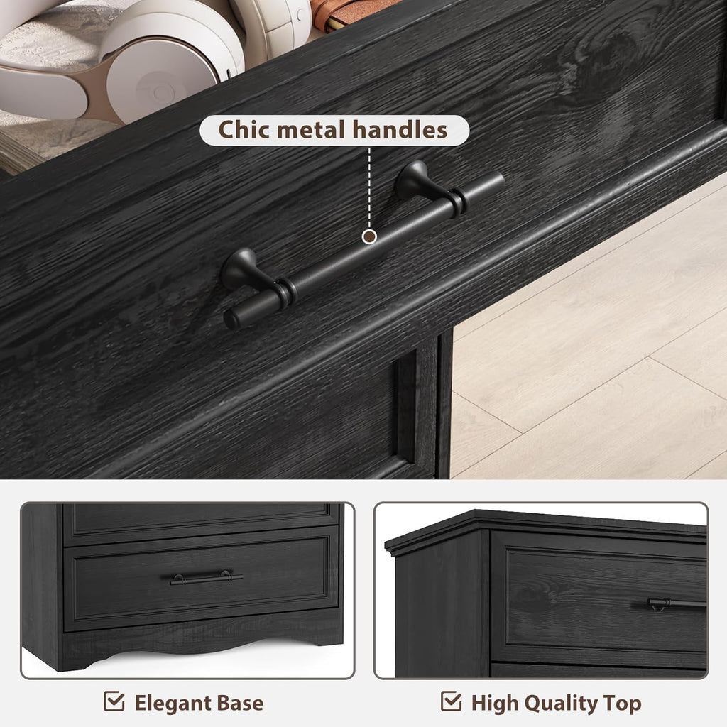 Black 7 Drawer Dresser , 52" Tall Chest of Drawers | Brushed Metal Handles, Unique Base Design, Replicated Wood Grain