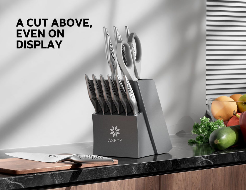 Knife Block Set, 15 PCS Knives Set , Stainless Steel | Ultra Sharp Kitchen Knife, Full Tang One-Piece Knife Set with