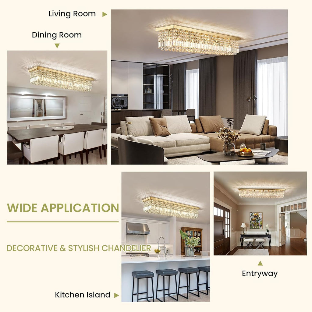 10-Light Modern Crystal Chandelier, Luxury Gold Rectangular Flush Mount Ceiling Light, Large Rectangle Raindrop