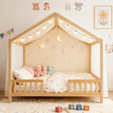 Full Size Montessori Toddler Floor Bed with Canopy and Roof,Wooden House Beds Frame for Kids,Montessori Floor Bed