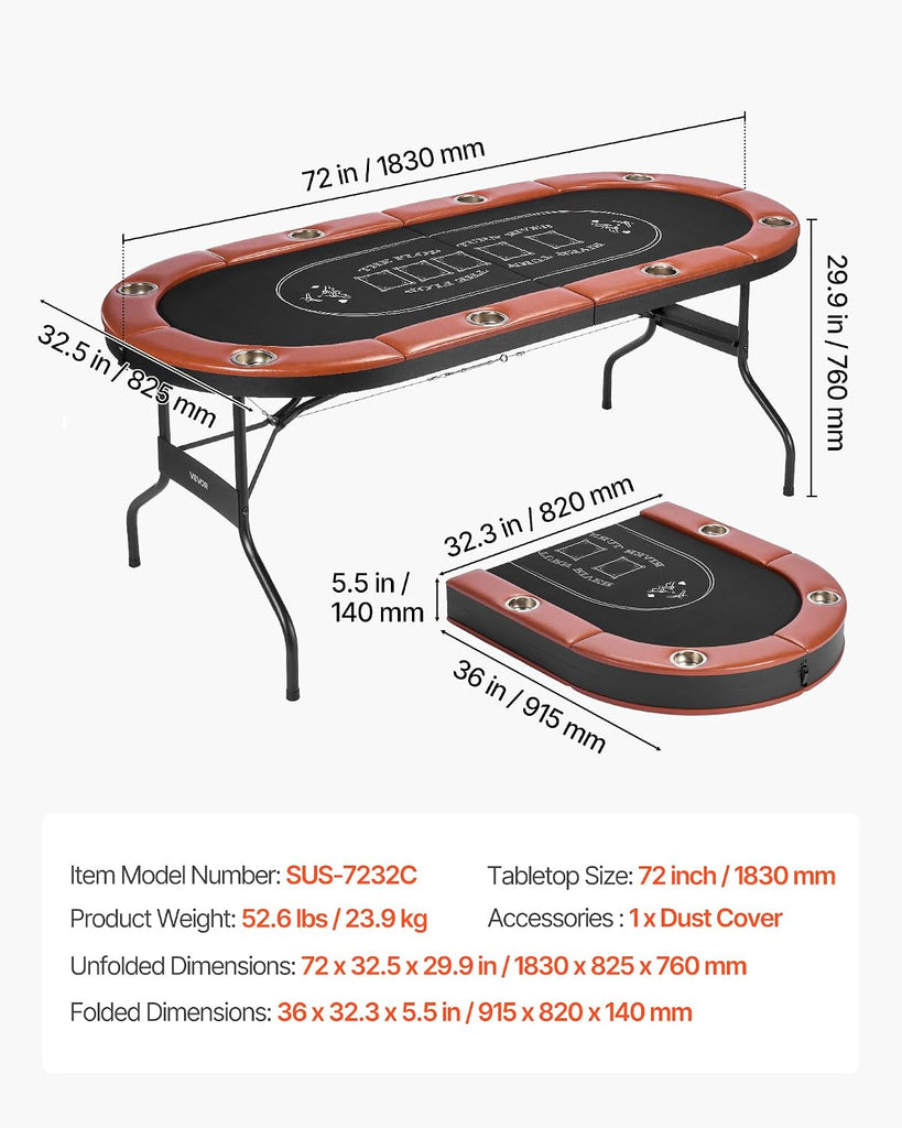 Foldable Poker Table, 8 Player 72 in Folding Casino Leisure Table with Padded Rails and Cup Holders, Oval Portable