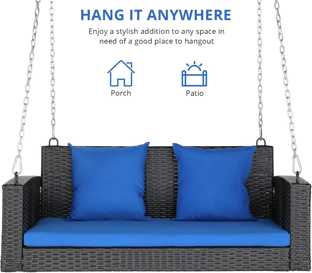 4FT Wicker Porch Swing for 2 Person, 800lb Capacity Outdoor Hanging Bench with Removable Cushions, Handwoven