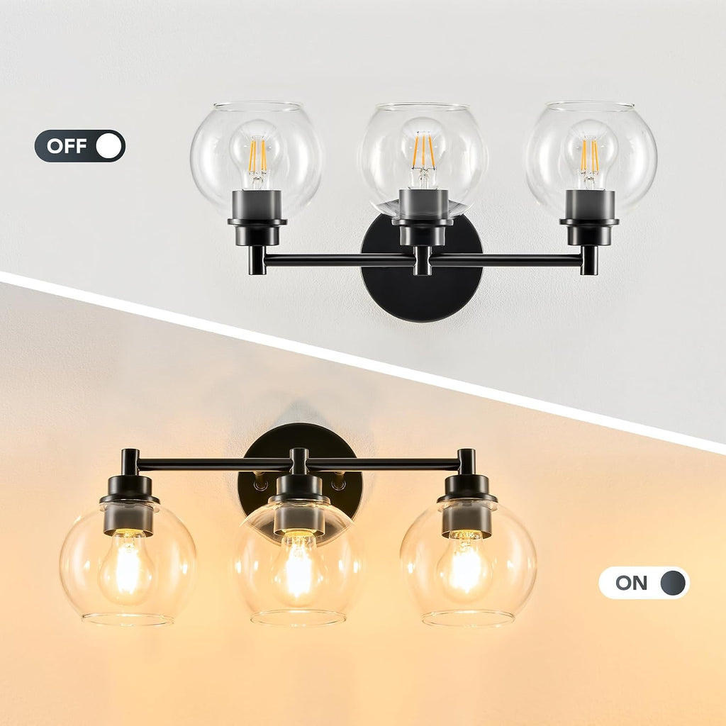 3 Light Bathroom Vanity Light Fixtures, Black Finish | Globe Glass Shades, E26 Sockets, Easy to install, Vanity