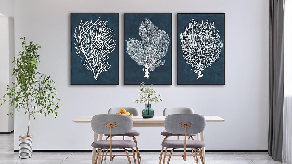 Large Framed Canvas Wall Art, White Coral Decor, 16"x24" Set of 3