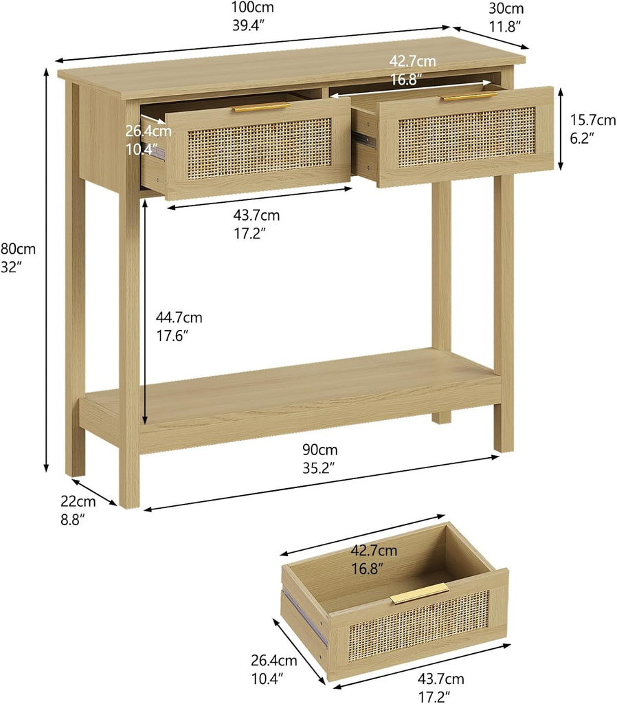 Farmhouse Rattan Console Table with 2 Drawers 2 Tier Boho Narrow Long Sofa Table Natural with Open Storage Shelf Wood