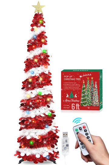 6 FT Pop Up Tinsel Christmas Tree with 100 Colored Timer Lights & Remote, Red White Collapsible Artificial Pencil