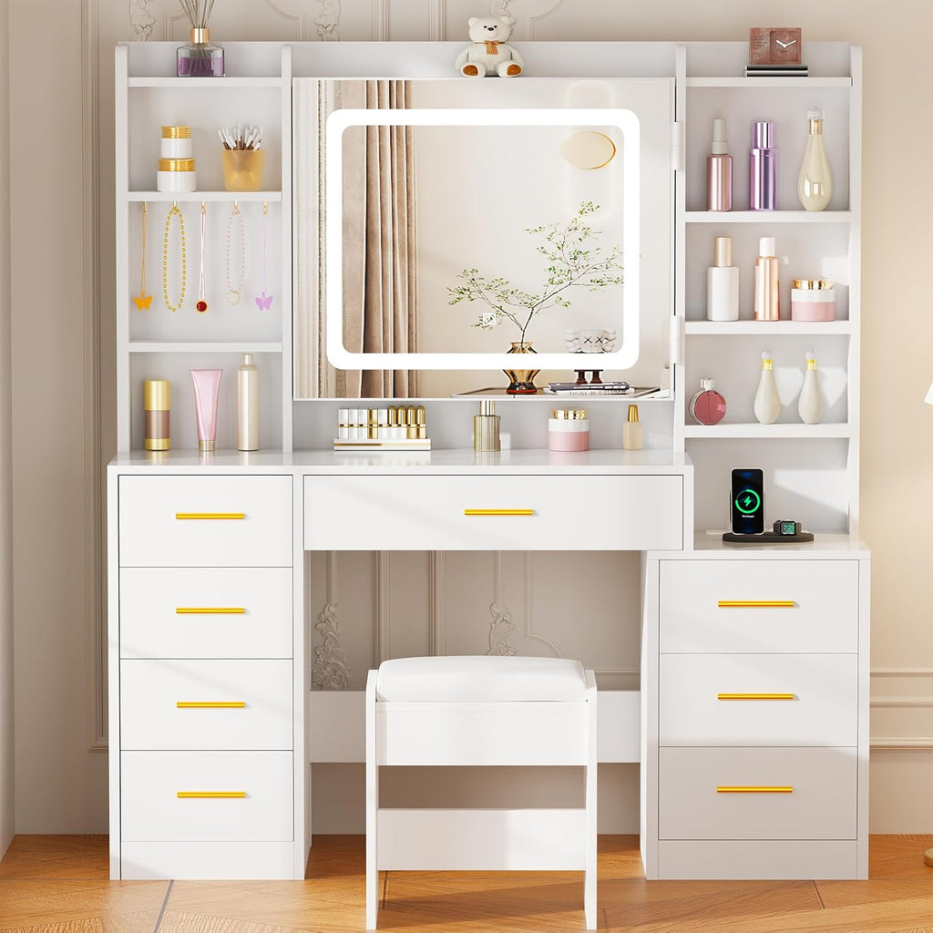 Large Makeup Vanity Desk with Lights,12 Hooks and Cushioned Stool | White Vanity Table with Power Outlet,3 Lighting