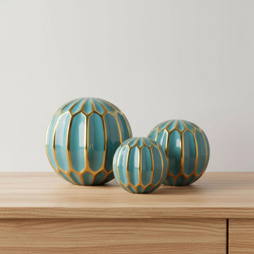 Set of 3 Blue Decorative Orbs - Stoneware & Ceramic Spheres Decor - Elegant Accent Pieces , Coffee Table & Shelves