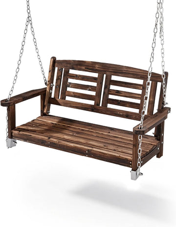 Wooden Porch Swing, Outdoor Patio Swing, 44" Swing Bench with Hanging Chains and Reclined Backrest for Deck