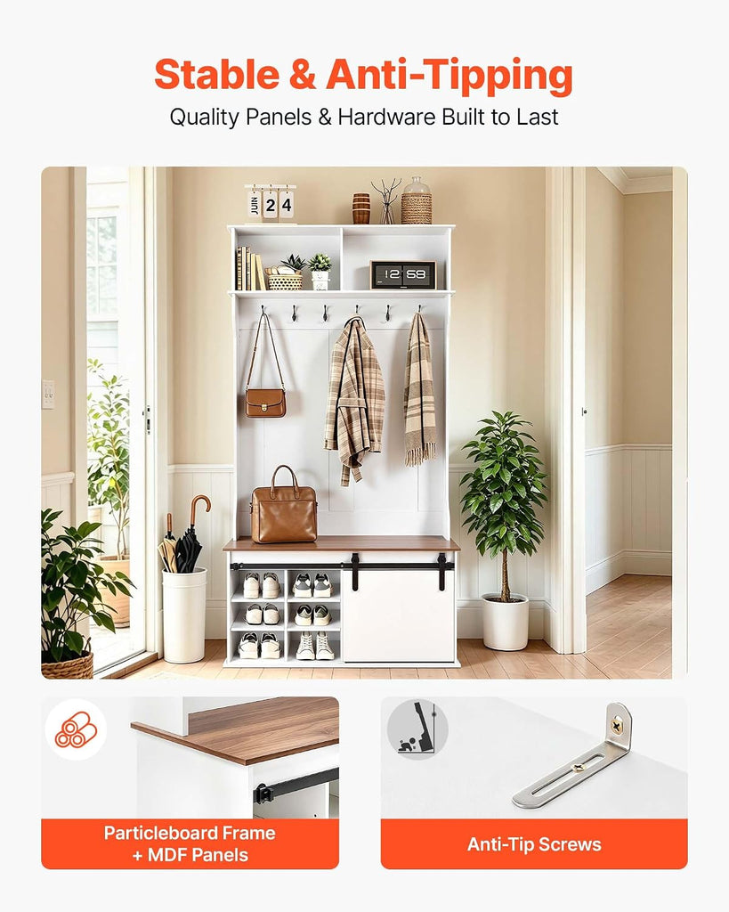 Hall Tree with Bench and Shoe Storage, 42" Wide, Entryway Hall Tree with Bench, Hanging Hooks, Storage Shelves