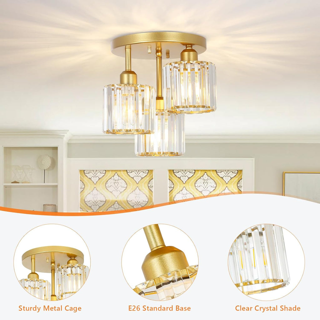 Modern Semi Flush Mount Ceiling Light,3-Light Golden Crystal Close to Ceiling Light Fixtures,Kitchen Light Fixtures