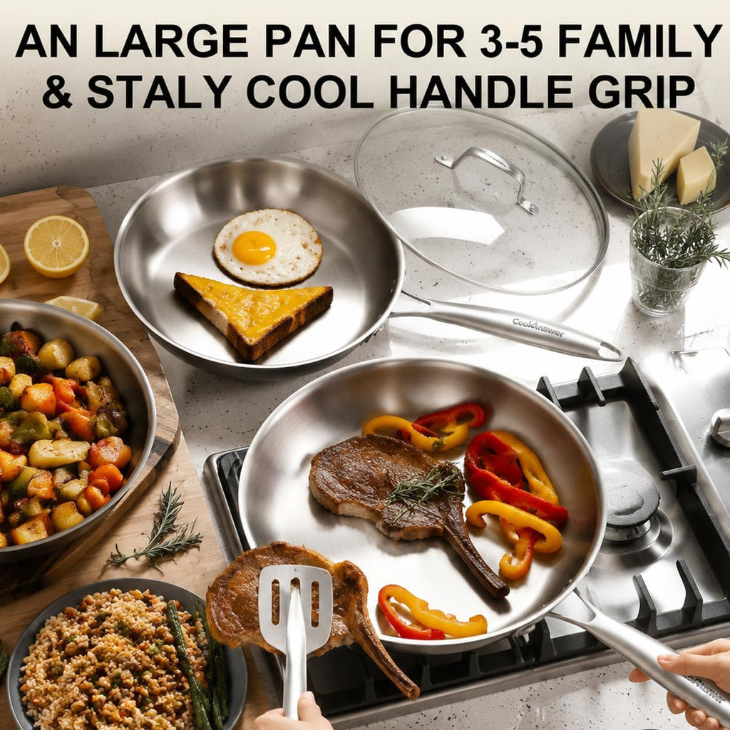 10-Piece Tri-Ply Stainless Steel Cookware Set | Induction-Ready, Glass Lids, Pots and Pans Kitchen Set, Riveted