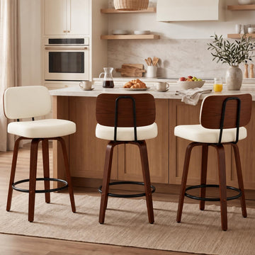 Counter Height Bar Stools Set of 3, 26+inch Swivel Faux Leather Barstool with Back, Upholstered Mid-Century Modern