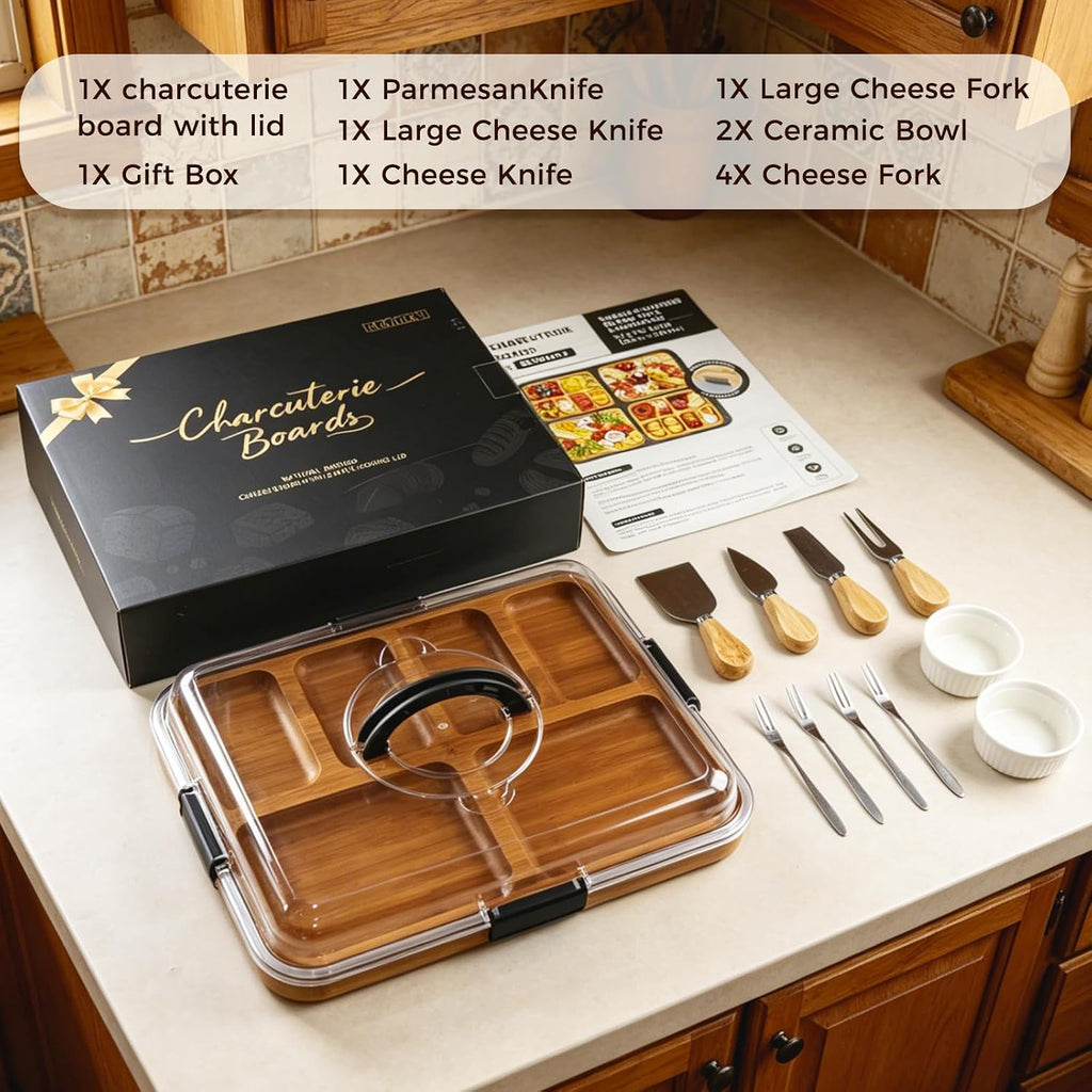 Charcuterie Board with Lid, Carbonized Bamboo, Knives Set and Bowls | Portable Double-Sided Locking Design, Cheese