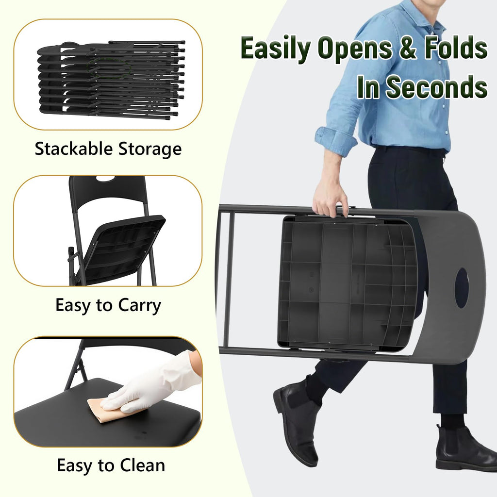 Black Folding Chairs 6 Pack, Outdoor Portable Plastic Foldable Chairs with Metal Frame, 350lbs Capacity Heavy Duty