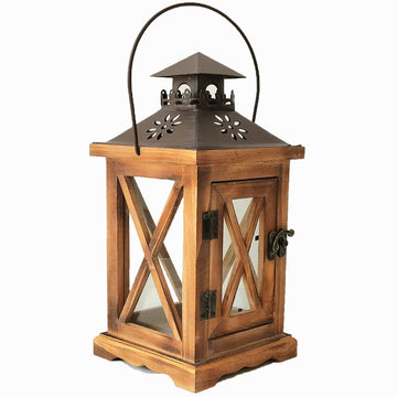 Vintage Wooden Rustic Lantern, Decorative Candle Lantern with Farmhouse Style for Table Top Mantle Wall Hanging