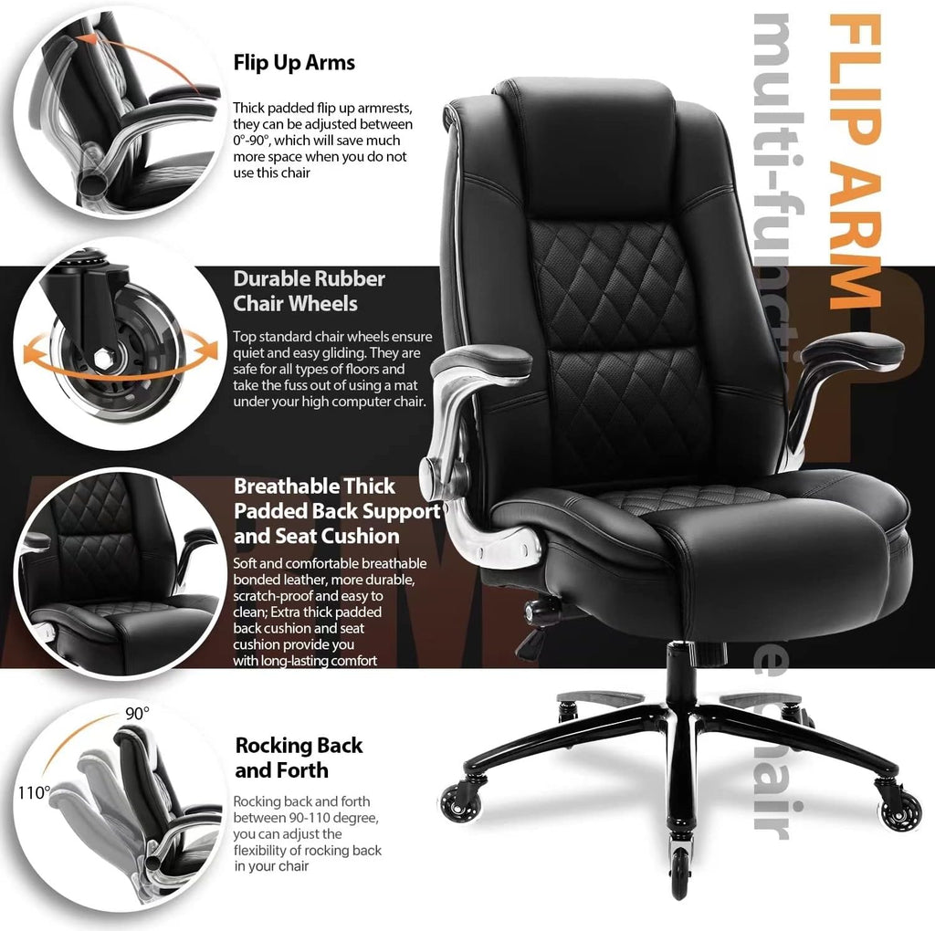 High Back - Flip Arms Adjustable Built-in Lumbar Support, Executive Computer Desk Chair Work Chairs, Thick Padded