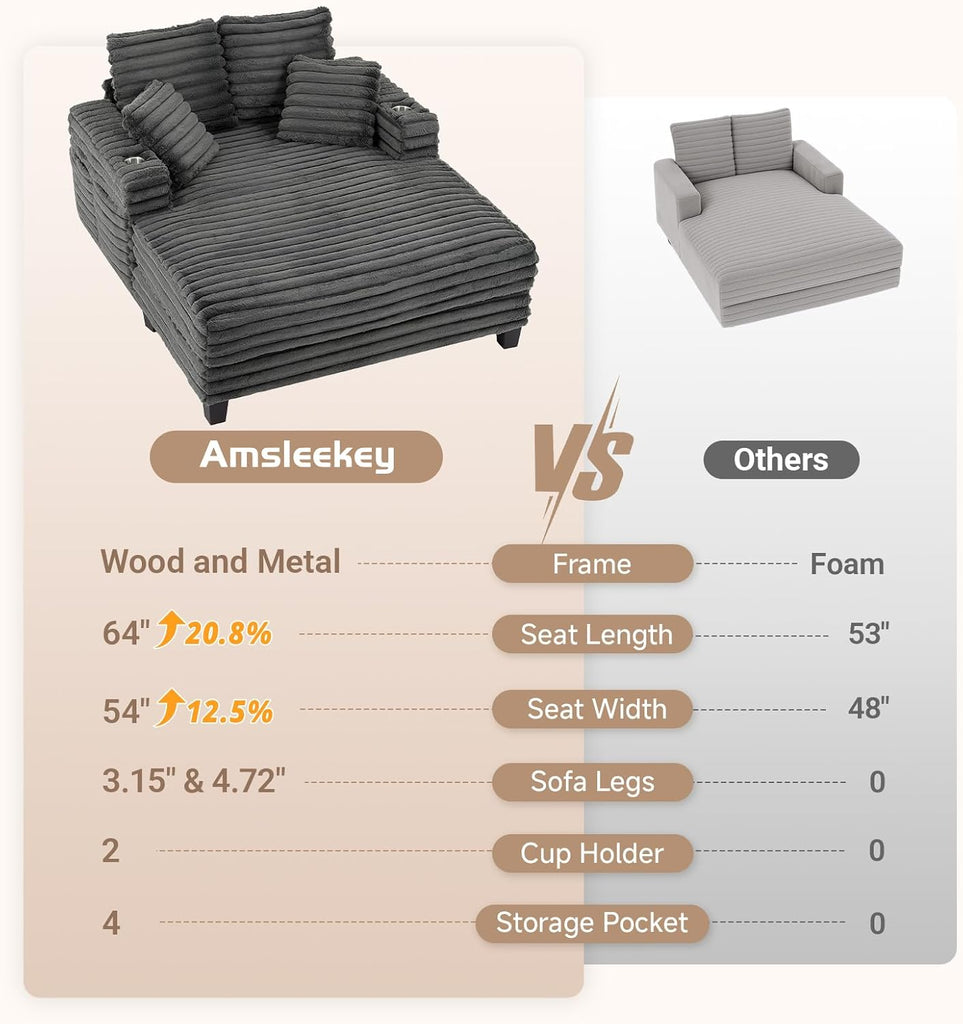 64" Oversized Chaise Lounge Chair with Wood Frame, 2 Cup Holders | 4 Storage Pockets, Plush Corduroy Fabric