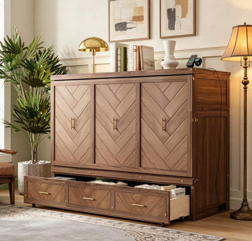 Queen Murphy Bed with Charging Station and Storage, Farmhouse Murphy Bed with Foldable Panel for Guest Bedroom