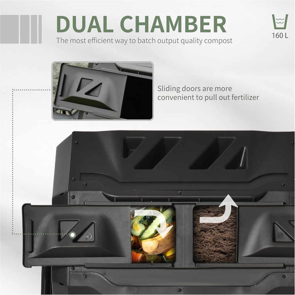 Compost Bin Outdoor Tumbler 43 Gallon, Rotating Composter Dual Chamber - Black