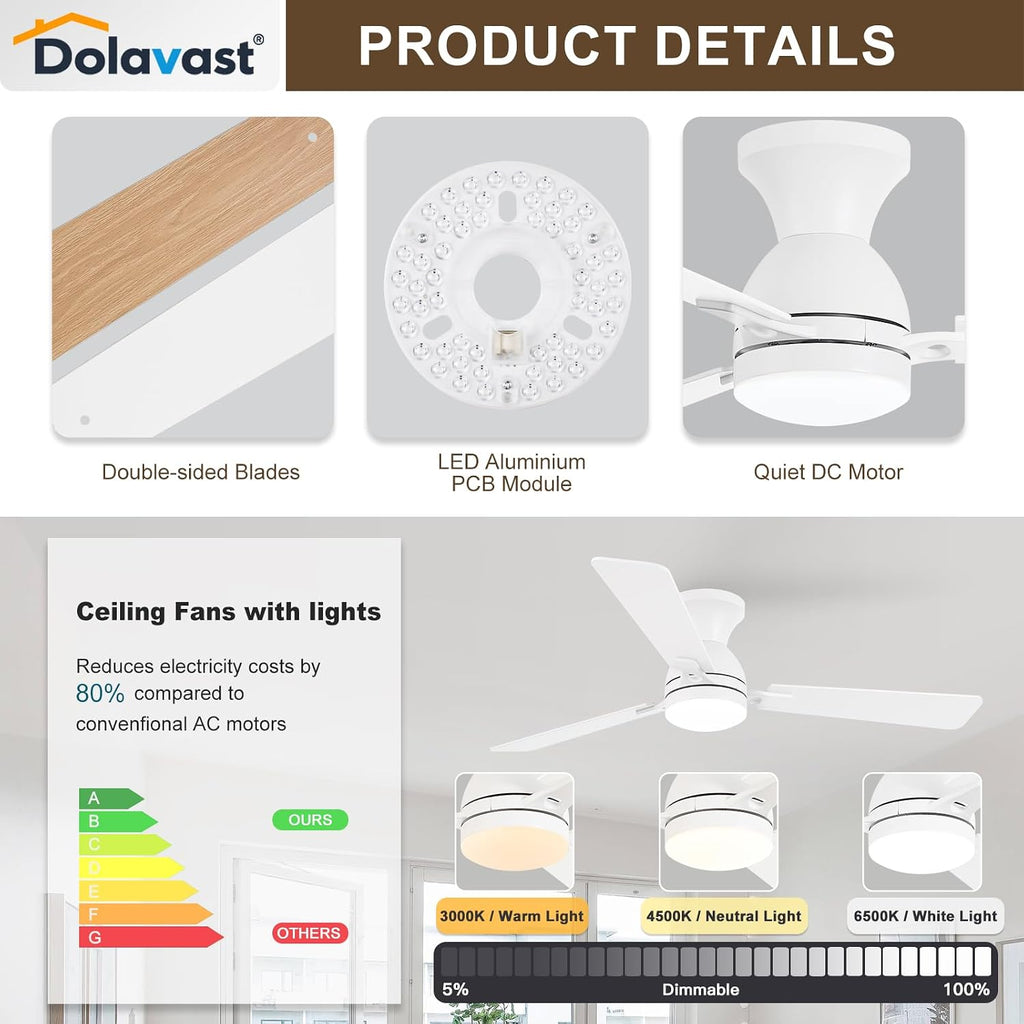 Ceiling Fans with Lights and Remote, 52 Inch Ceiling Fan with Light, Low Profile Reversible Ceiling Fans