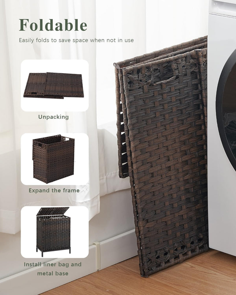 Laundry Hamper with Lid, 29.6 Gal 2-Bag Clothes Sorter, Brown | 112L 2-Section PE Rattan Hamper with Lid, Metal