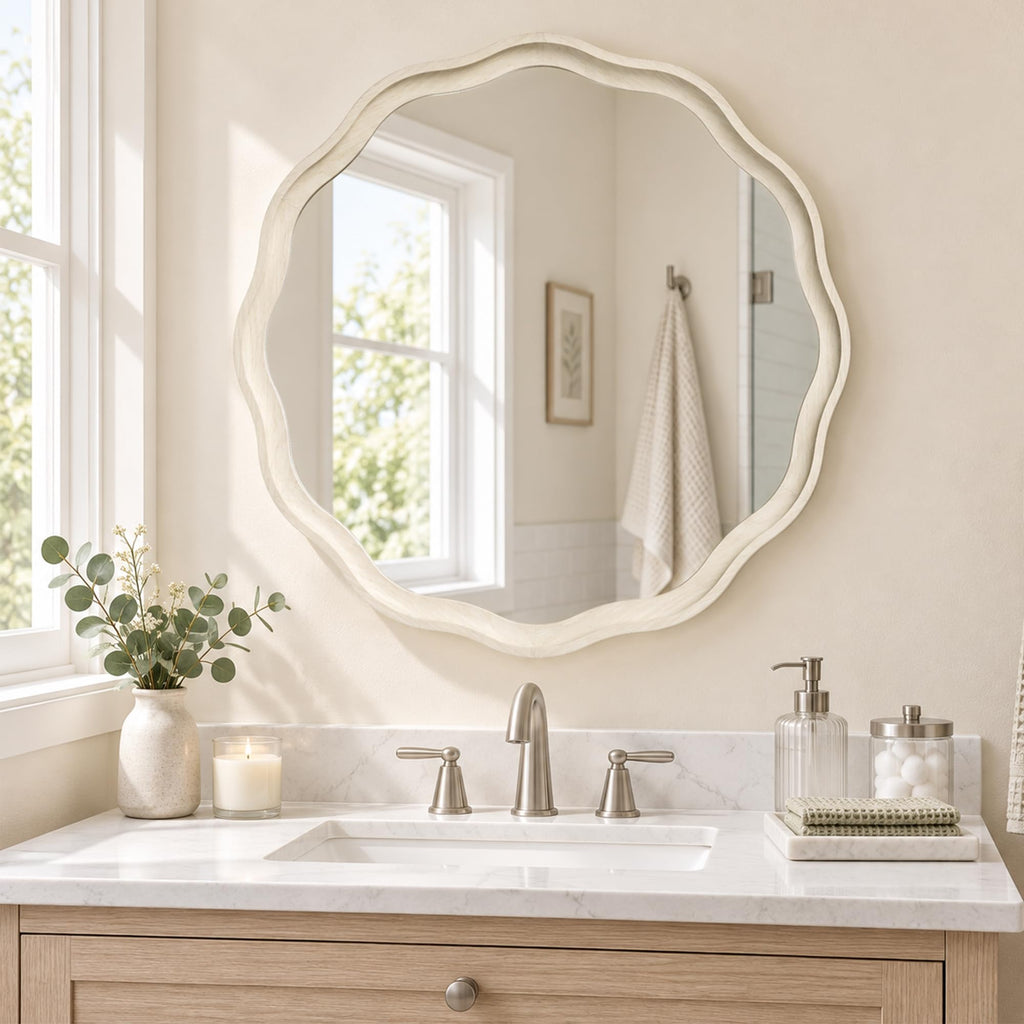 30 Inch Washed White Scalloped Round Bathroom Mirror, Wood Frame