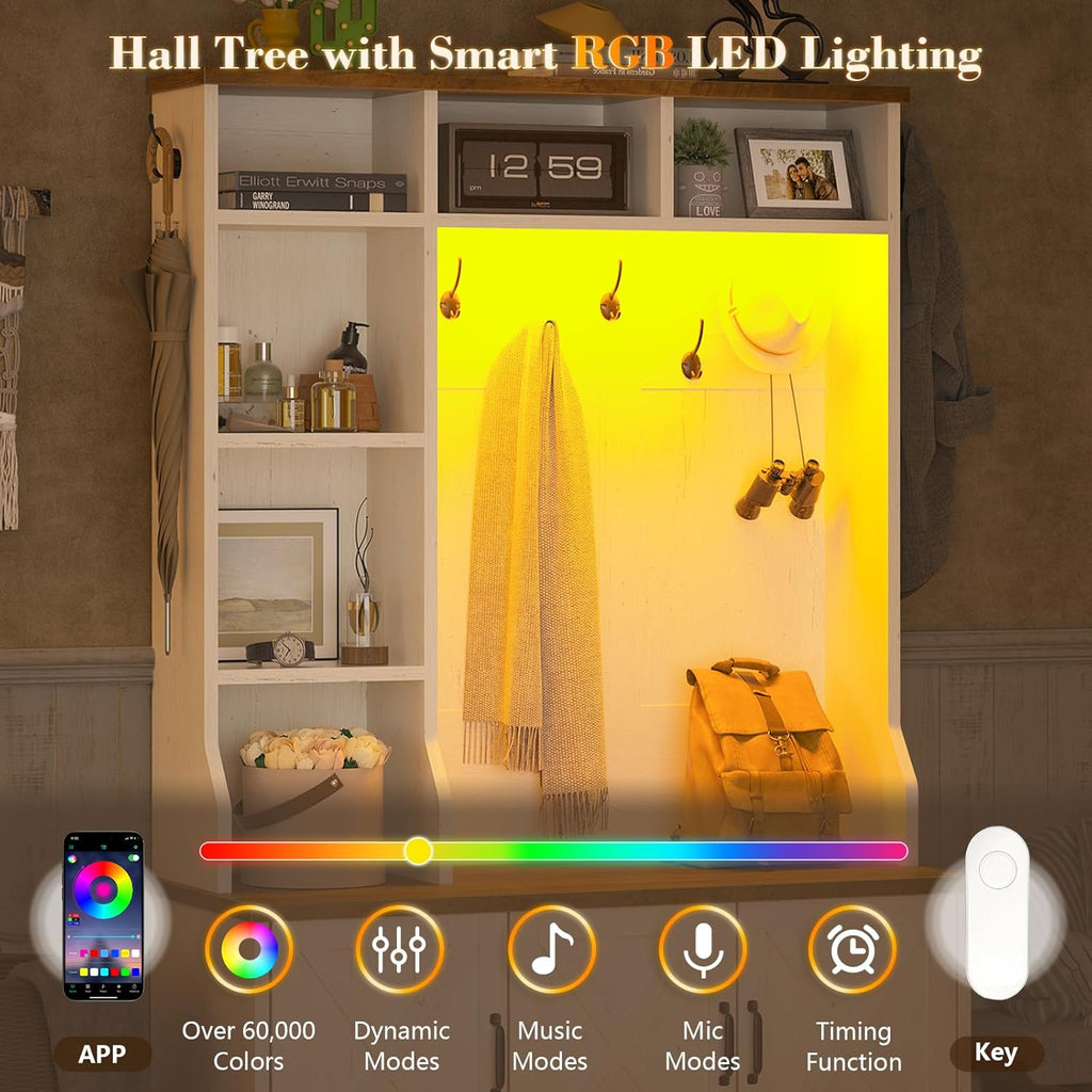 Hall Tree with Bench and Shoe Storage, Farmhouse Entryway Bench with Coat Racks and Led Lights, Tall Hall Tree with 7