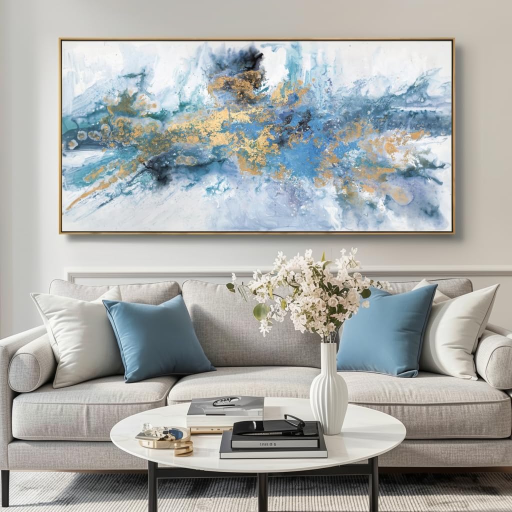 Abstract Navy Blue Canvas Wall Art - Framed Artwork Bedroom - Modern Colorful Fantasy Painting Ready to Hang