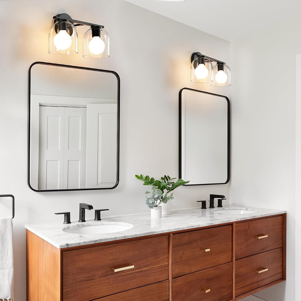 Bathroom Vanity Light Fixtures: 14.2 Inch Modern Black Vanity Lighting Fixtures Over Mirror with Clear Glass Shade