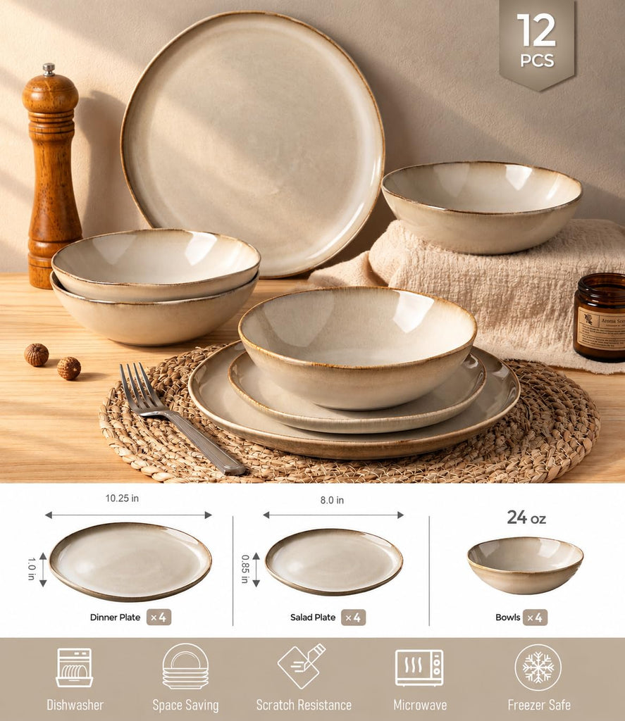 Stoneware Dinnerware Sets for 4,12 Piece Rustic Plates and Bowls Set