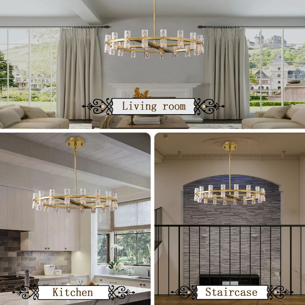 Inspired Arcachon Style Round Wagon Wheel Chandelier, 32" 32-Light Gold — Foyer, Dining & Living Room