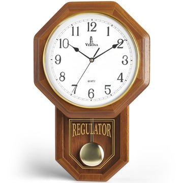 Pendulum Wall Clock Battery Operated, Real Wood Regulator Clock, Quiet